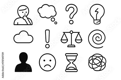 Cognitive Doubt Icons. Cognitive doubt. Line icon set of cognitive doubt: person thinking, thought bubble, question mark, broken light bulb, cloud, exclamation