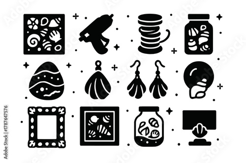 Seashell Crafts Collection. Seashell Crafts. Solid icons set of Seashell Crafts: shell mosaic, glue gun, twine, jar of shells, painted shell, shell pendant,