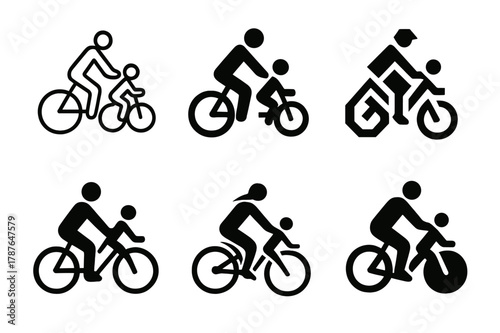 Family Biking Logos. Family biking. Set Logo of Family biking: parent and child on bikes. harmonious logo variations of the same emblematic concept, each with