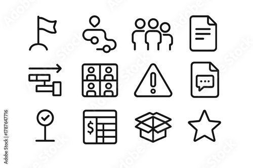 Project Kickoff Icons. Project Kickoff. Line icon set of Project Kickoff: kickoff flag, roadmap, team roles, scope document, timeline Gantt, resource plan,