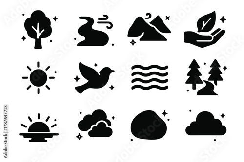 Nature's Simple Icons. Relief through nature. Solid icons set of relief through nature: tree silhouette, gentle stream, mountain breeze, leaf in hand, calm
