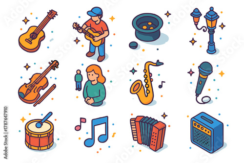 Street Musician Icons. Street musician playing instrument. Colorful isometric vector icons set of street musician playing instrument: guitar, violin,