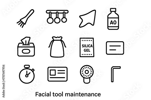 Facial Tool Icons. Facial tool maintenance. Line icon set of facial tool maintenance: cleaning brush, drying rack, soft cloth, isopropyl alcohol bottle,