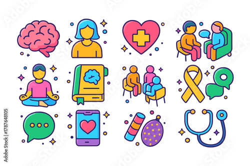 Mental Health Icons. Mental health campaign. Colorful isometric vector icons set of mental health campaign: brain, therapist, heart, counseling session,
