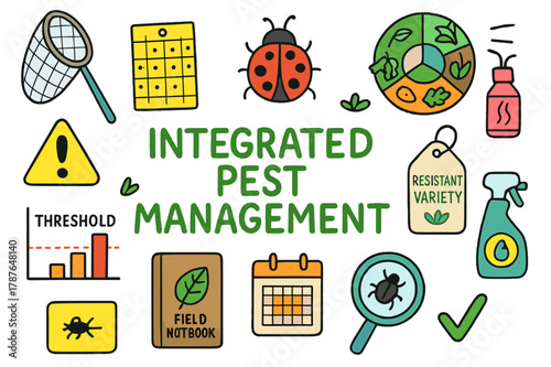 Pest Management Tools. Integrated pest management. Colorful Hand-drawn doodle Children illustration Integrated pest management scouting net, sticky trap card,