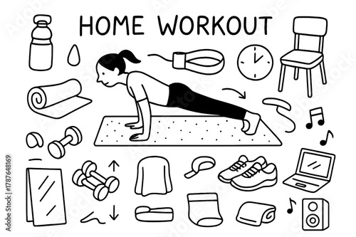 Home Workout Doodles. Home workout. Hand-drawn doodle illustration home workout yoga mat, water bottle, dumbbells, push-up pose, resistance band, chair,