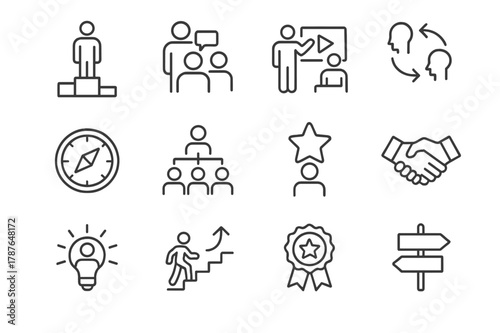 Leadership Icons. Leadership levels. Line icon set of leadership levels: leader on podium, mentor figure, coaching session, feedback arrows, guidance compass,