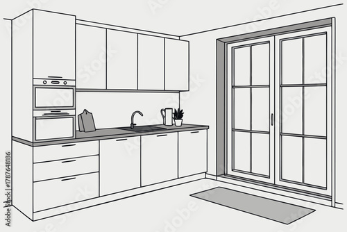 Minimalist kitchen interior with white cabinets and wooden countertop, bright window light, flat vector illustration