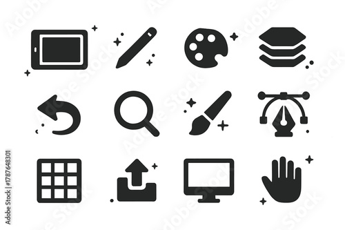 Digital Sketch Icons. Digital Sketching. Solid icons set of Digital Sketching: tablet, stylus pen, color palette, layers icon, undo arrow, zoom tool, brush