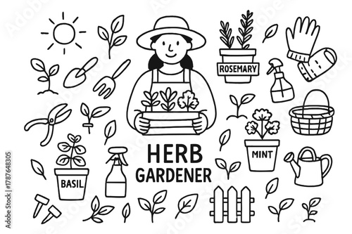 Herb Gardening Essentials. Herb gardener. Hand-drawn doodle illustration herb gardener pots, scissors, labels, herbs, watering can, gloves, basket, leaves,