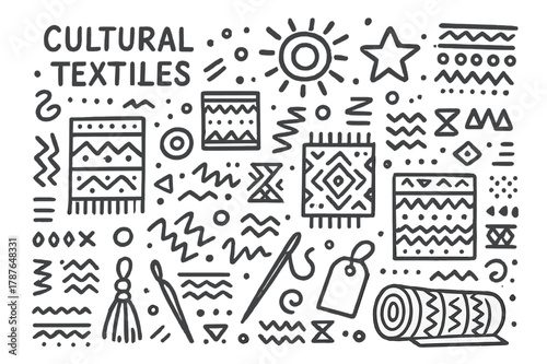 Tribal Textile Doodles. Cultural textiles. Hand-drawn doodle illustration cultural textiles tribal patterns, zigzag, dots, spirals, fabric roll, geometric