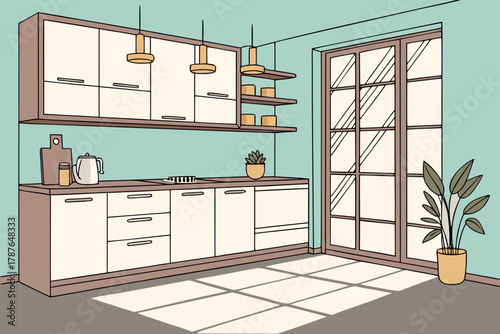 Stylish modern kitchen design with wood accents and soft shadows, pastel tone flat 2D vector