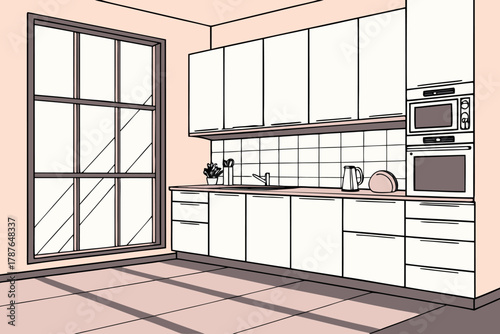 Modern kitchen with white and wood cabinets, large window and sunlight reflection, flat pastel vector illustration