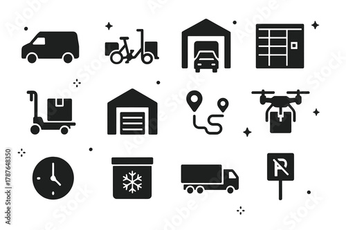 Urban Logistics Icons. Urban logistics and freight. Solid icons set of urban logistics and freight: delivery van, cargo bike, loading bay, last-mile locker,