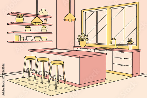 Minimalist kitchen interior with bar island, pastel color palette and realistic soft lighting, flat vector art