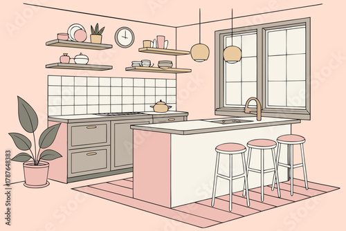 Bright modern kitchen with island and bar stools, soft shadows, pastel tones, flat 2D vector illustration