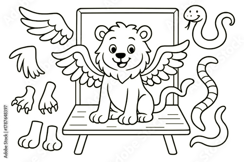Chimera Coloring Fun. Create your own chimera children?s coloring book illustration, outlined drawing, mix-and-match animal parts like wings, tails, and paws