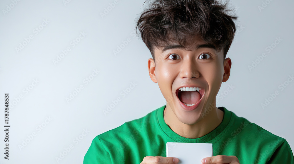 Naklejka premium Happy young man celebrating victory after winning the lottery, joyful emotional winner isolated on white background, success and achievement concept, copy space