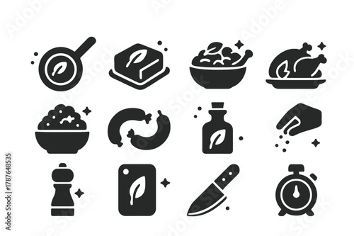 Sage Culinary Icons. Culinary uses of sage. Solid icons set of Culinary uses of sage: frying pan, butter pat, gnocchi bowl, roasted chicken, stuffing bowl,
