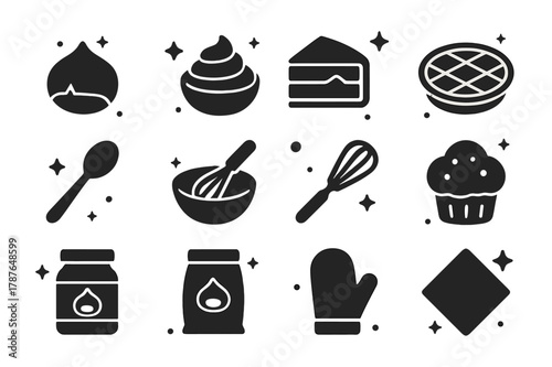 Chestnut Cuisine Icons. Chestnut Food and Baking. Solid icons set of Chestnut Food and Baking: roasted nut, chestnut puree, cake slice, pie, spoon, mixing