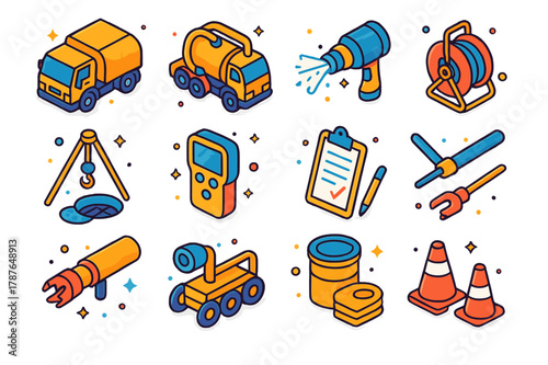 Sewer Operations Icons. Sewer maintenance operations. Colorful isometric vector icons set of Sewer maintenance operations: jetting truck, vacuum truck,