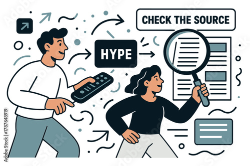 Media Literacy Illustration. Media literacy. A remote switches from ?Hype? to ?Context?; headlines rearrange into balanced blocks. A loupe highlights sources