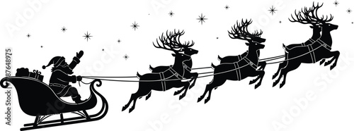 Santa's Sleigh and Reindeer Silhouette Vector: Festive Illustration, Holiday Season Graphic, Christmas Eve Design Element