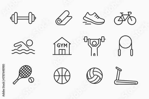 Fitness Icon Set. `fitness exercise. Line icon set of fitness exercise: dumbbell, yoga mat, running shoe, bicycle, swimmer, gym, weightlifting, jumping rope,