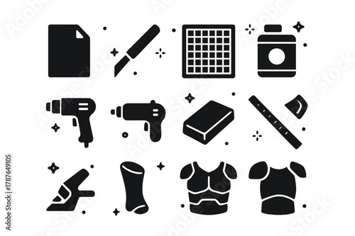 EVA Foam Armor Tools. EVA foam armor building. Solid icons set of EVA foam armor building: EVA foam sheet, craft knife, cutting mat, contact cement, heat gun,