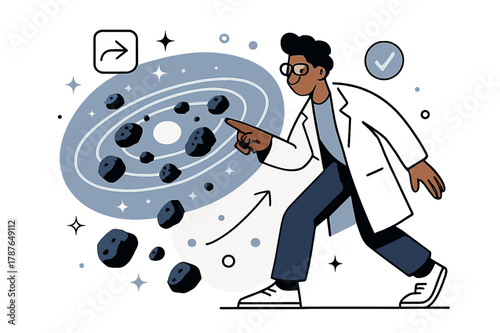Asteroid Belt Hologram. Asteroid belt studies. Researcher pointing at asteroid belt hologram with abstract floating orbit lines, stars, and asteroids; conveys