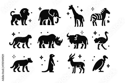 Savanna Animal Icons. Savanna Animals. Solid icons set of Savanna Animals: lion, elephant, giraffe, zebra, cheetah, rhino, buffalo, ostrich, hyena, meerkat,