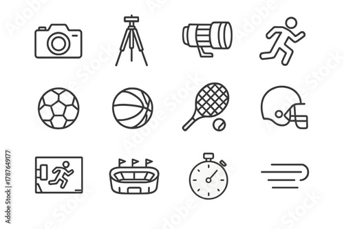 Sports Photography Icons. Sports photography tools. Line icon set of sports photography tools: camera, tripod, lens, athlete running, soccer ball, basketball,