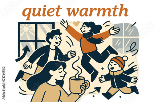 Quiet Winter Morning. Soft Light Rays ? Winter Morning. Pale sunlight spills through frosted glass; steam rises from a mug. Text ?quiet warmth? floats in soft