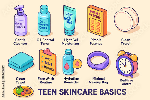 Teen Skincare Essentials. Teen skincare basics. Colorful isometric vector icons set of Teen skincare basics: gentle cleanser, oil-control toner, light gel