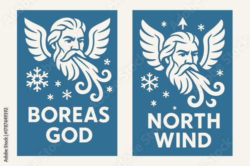 Boreas, North Wind Monarch. North Wind Monarch. Two vertical A6 banners with safe margins, centered composition, no elements touching edges, flat vector