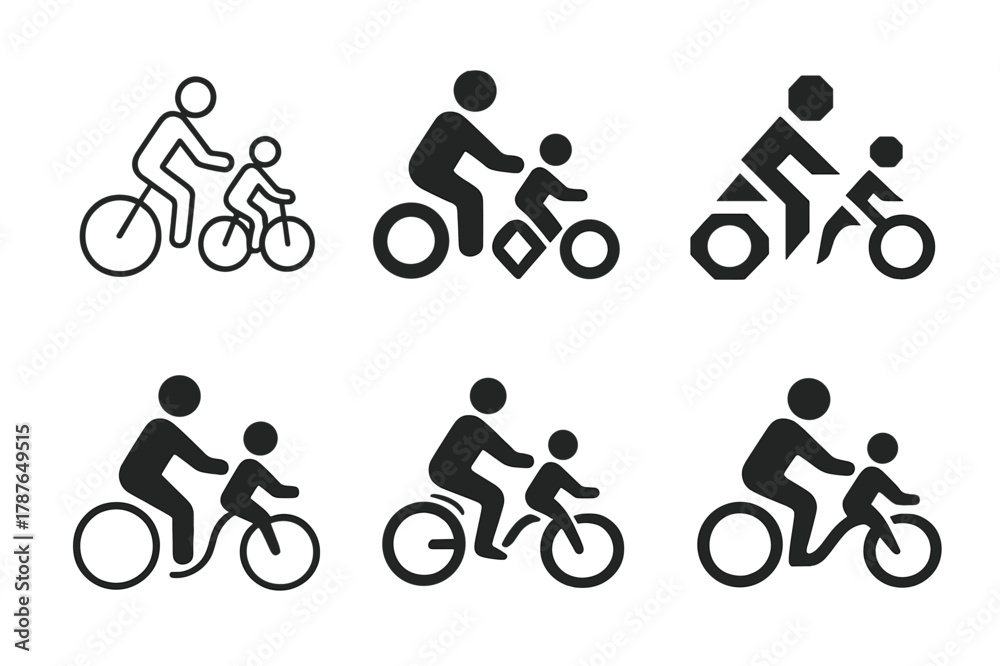 Obraz premium Family Biking Logos. Family biking. Set Logo of Family biking: parent and child on bikes. harmonious logo variations of the same emblematic concept, each with