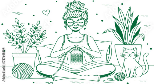 Woman knitting at home surrounded by plants and a cat in a cozy pixel art scene on transparent background