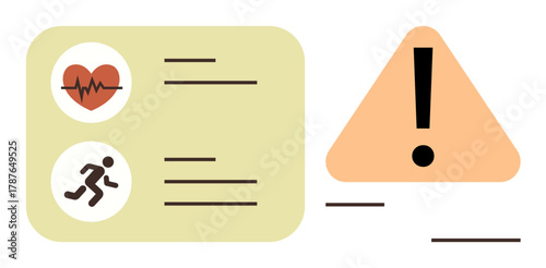 Heartbeat monitor graphic, runner icon, and triangle alert sign emphasizing health tracking, personal fitness, safety. Ideal for healthcare, fitness, monitoring, risk wellness emergency