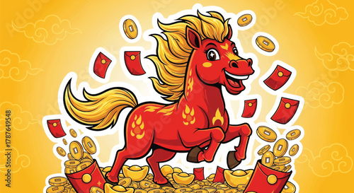 A vibrant cartoon red horse with golden mane surrounded by lucky red envelopes, gold coins, and ingots, symbolizing prosperity.