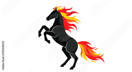 Black horse rearing up with a fiery mane and tail, vector illustration.