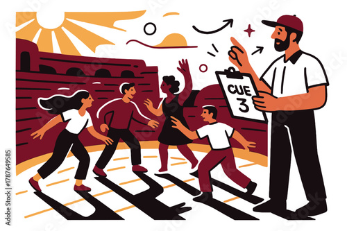 Golden Hour Rehearsal. Amphitheater ? Golden Hour Rehearsal. Performers block scenes with relaxed focus; sun streaks carve long shadows on the stone floor.