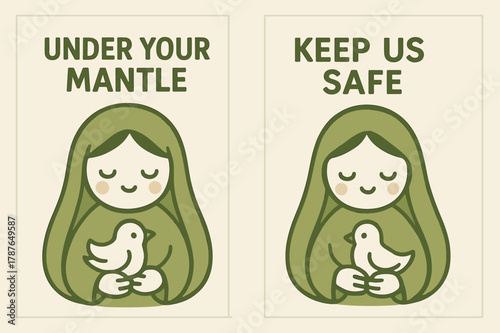 Gentle Protector Banners. Gentle Protector. Two vertical A6 banners with safe margins, centered composition, no elements touching edges, kawaii, olive green