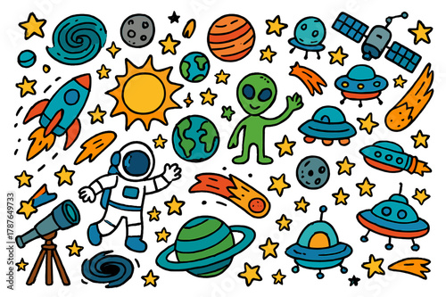 Colorful Space Doodle. Space. Colorful Hand-drawn doodle Children illustration Space planets, stars, rockets, astronauts, aliens, galaxies, comets, meteors,
