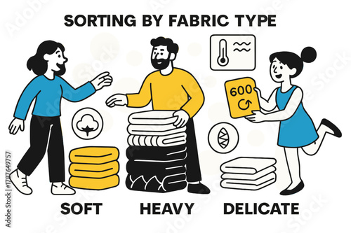 Textile Sorting Illustration. Sorting by Fabric Type. Cotton, wool, and silk icons hover beside piles labeled ?Soft / Heavy / Delicate.? Floating