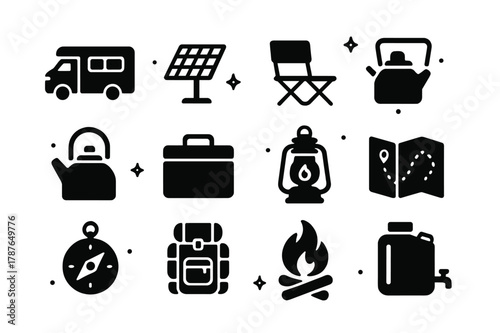Campsite Nomad Icons. Campsite and Vanlife Nomads. Solid icons set of Campsite and Vanlife Nomads: camper van, solar panel, foldable chair, portable stove,