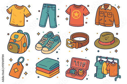 Retro Fashion Icons. Vintage clothing collection. Colorful isometric vector icons set of Vintage clothing collection: worn T-shirt, retro denim jeans, faded