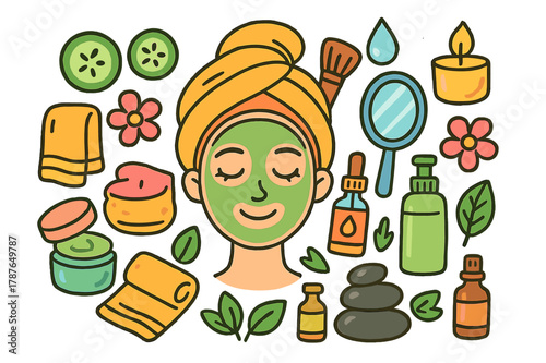 Colorful Spa Doodle. facial treatment. Colorful Hand-drawn doodle Children illustration facial treatment face mask, cucumber slices, headband, towel, cream