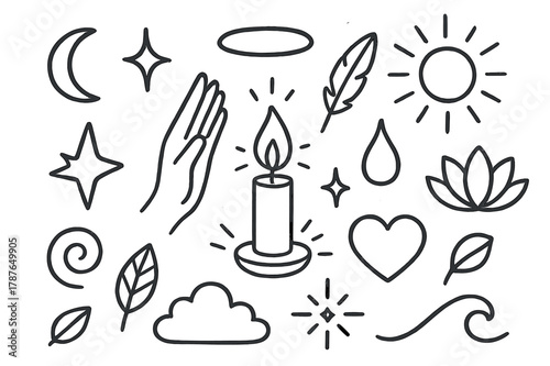 Spiritual Symbols Doodle. Spiritual light. Hand-drawn doodle illustration Spiritual light candle flame, aura ring, hand, star, lotus, sun ray, feather,