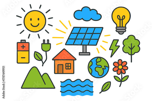 Solar Power Doodle. Solar Power. Colorful Hand-drawn doodle Children illustration Solar Power solar panel, sun, rays, house, battery, plug, cloud, leaf, light