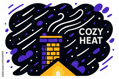 Cozy Chimney Glow. Snowstorm Night Chimney. Gusts curve across the sky, white streaks against a dark background; a single chimney glows like a lantern. ?Cozy
